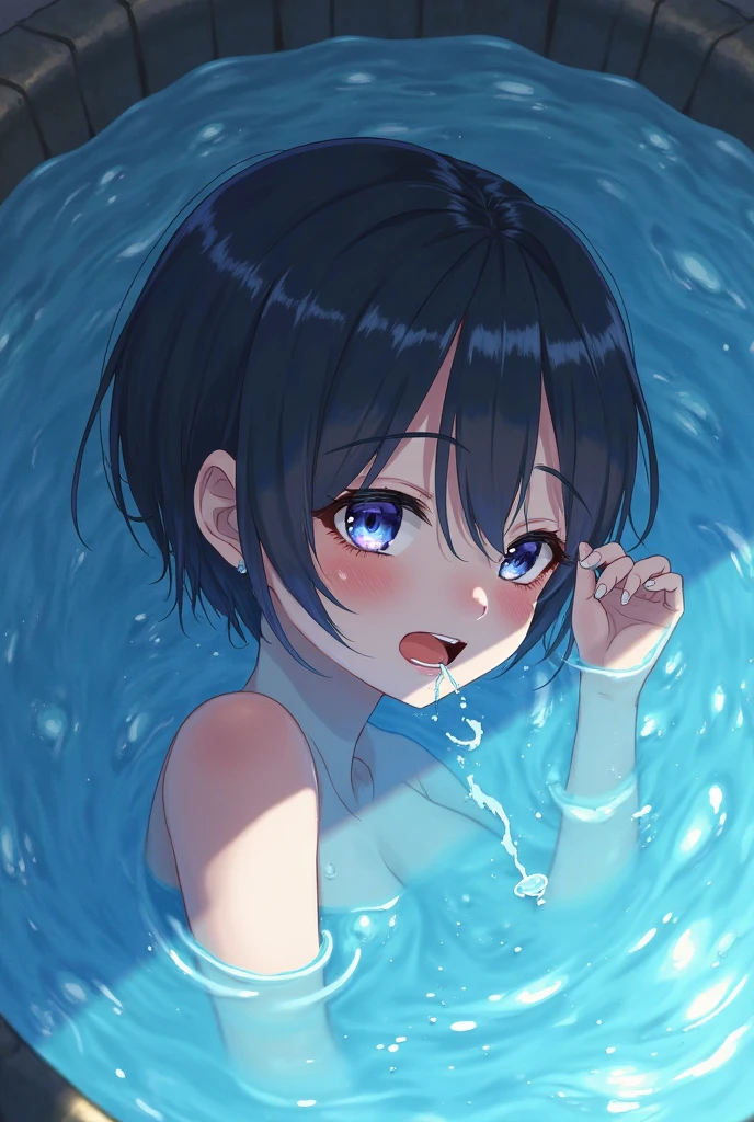 NUDE,{{{masterpiece}}}, {{{best quality}}}, {{ultra-detailed}}, {illustration}, {{an extremely delicate and beautiful}},black hair,Blue eyes,water eye,Small breasts,Wet and slimy, Shiny wet skin!!, Enchanting anime girl,Surprised expression,water eye,10 years old,steam,blush,Raise eyebrows,Bobcut,blunt bangs,pussy,top-down bottom-up,pussy,anal,back biew,back shot