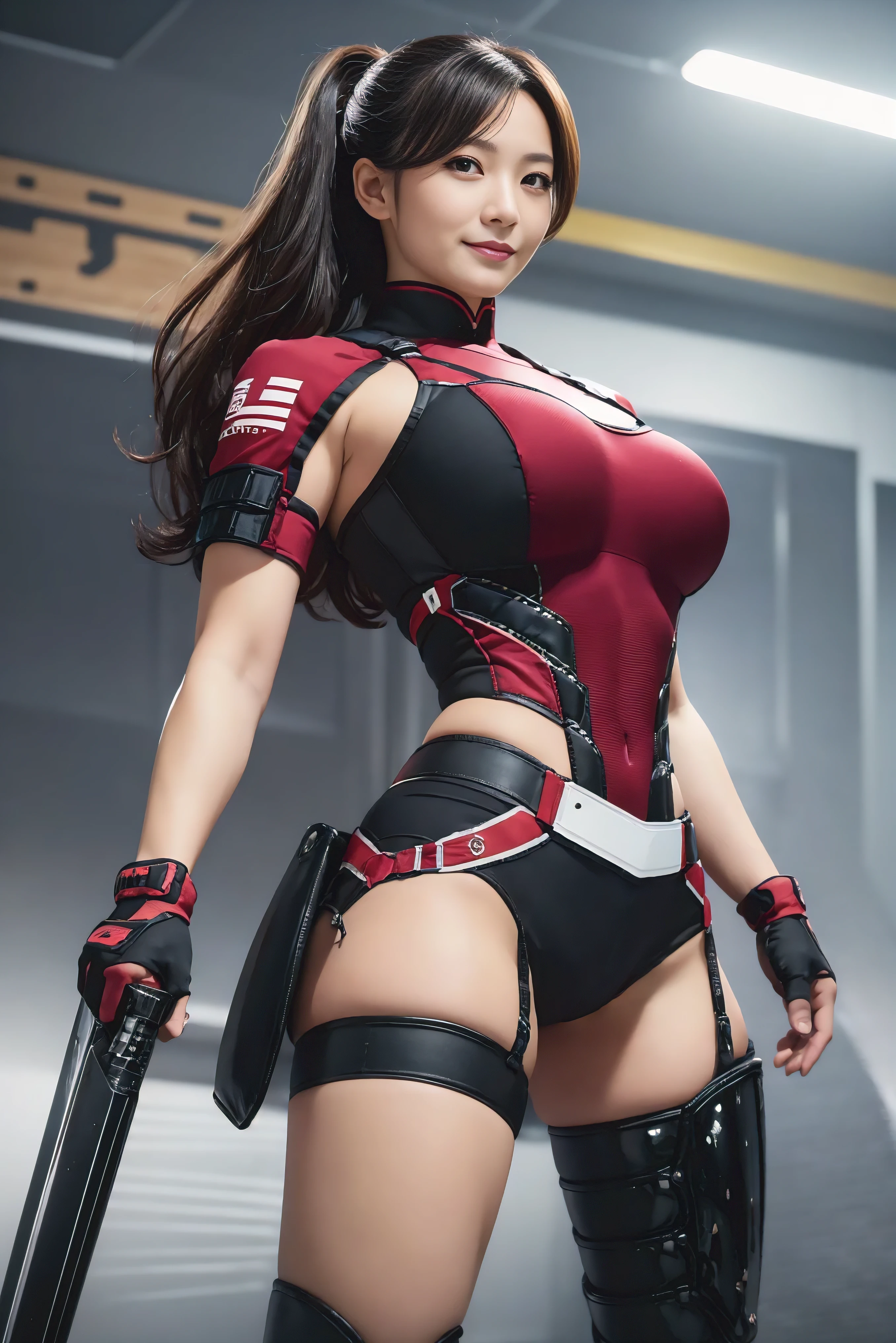 A MILF , show her butt at viewer , taking gun and blade , The background is the battlefield,black hair color hair,Red sunglasses,Bright red tight combat uniform,microkini,Expose the lower half of the breast,Breast areola