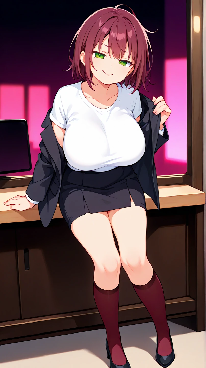 masterpiece、Highest quality、Ultra-high resolution、Medium breasted girl、Thick thighs、red and large eyes,、Black short hair、The hair inside is colored、Excited face、Please open your mouth a little、Sensual Gravure Idol、Seductive pose、Sex-inviting pose、(Clothes:Oversized hoodie)