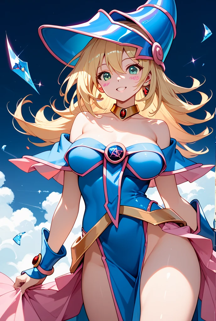 masterpiece, best quality  <lora:yugioh_darkmagiciangirl-10:1> darkmagiciangirl, blush stickers, wizard hat, dress, pink skirt, choker, vambraces, bare shoulders, cleavage, :D, abstract background, stars, outer space, looking at viewer