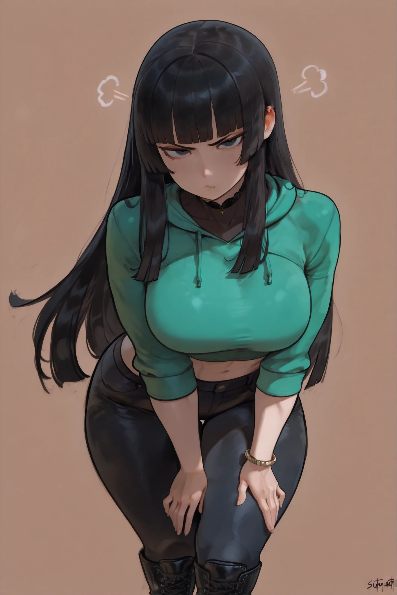 score_9, score_8_up, score_7_up, score_6_up, score_5_up, score_4_up,
BREAK
(masterpiece: 1.0), best quality, perfect anatomy, perfect composition, perfection,
BREAK
cinematic lighting, stopu42
BREAK
1girl, long hair, black hair, Hime cut hair, black eyes, open black jacket, green hoodie shirt, black jeans, bracelets, crop top shirt, combat boots, breasts, pout, leaning forward, cute pose. Looking at viewer, cute pose, voluptuous, simple background, Painterly, hyperdetailed painting, impressionism