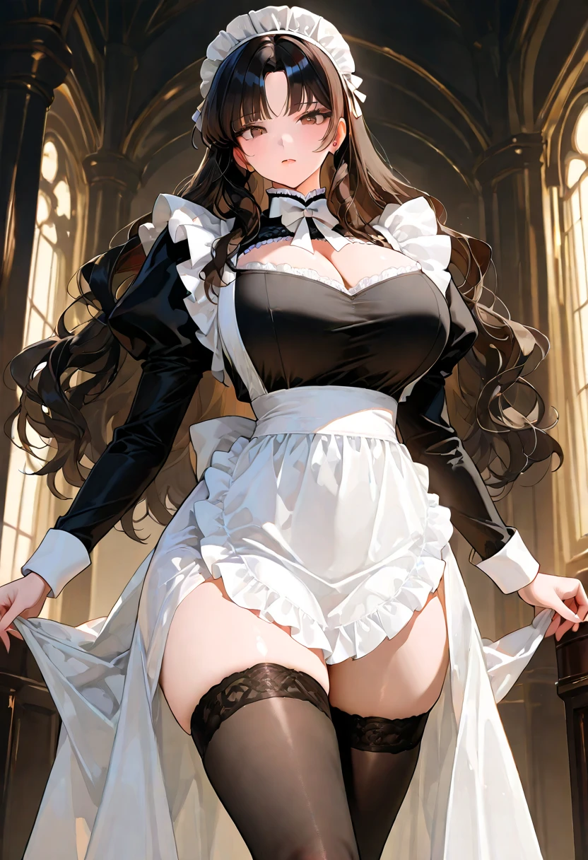 ((masterpiece, best quality)), (((masterpiece, best_quality, highest quality))), (perfect detail, perfect skin:1.2), (highres), original, extremely detailed 8K wallpaper, (an extremely delicate and beautiful), incredibly_absurdres, intricate detail, distinct_image, extremely intricate, (detailed skin:1.3), best quality:1.2, High definition, intricate details, finely detailed, beautiful detailed, high detailed skin, ((glossy skin)), shiny skin, (white skin:1.3), (pale skin:1.3), (natural light, ray tracing, volumetric light), (top quality), (golden-ratio face, perfect proportioned face, perfectly beautiful:1.3), (peer proportional face), (peer proportional body, proportional awesome body:1.3), parted lips, ((presenting)), (perfect anatomy, correct limb, correct finger), (tiny head:1.2), (large breasts:1.2), narrow hips, long hair, thin legs, (maid:1.4), maid_unifrom