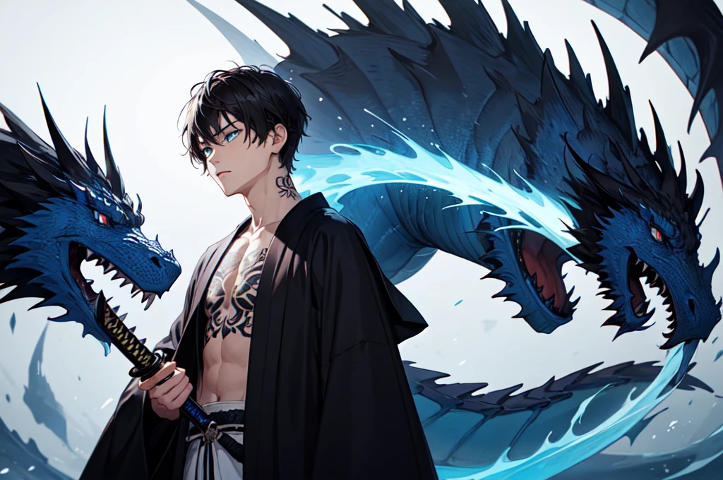 Boy, brown skin, short black hair with blue gradient, orange right eye, blue left eye, dragon tattoos all over, dragon earring, black coat with dragons, chain with dragon pendant, crossed arms, arrogant expression, "One Piece-inspired features, full of dramatic and incredible lighting, dramatic lighting, infused with creative details, ultra-fine 2D design, scenery bathed in creativity, bathed in creativity, boasting HD anime resolution clarity, HD anime graphics, high-octane rendering"