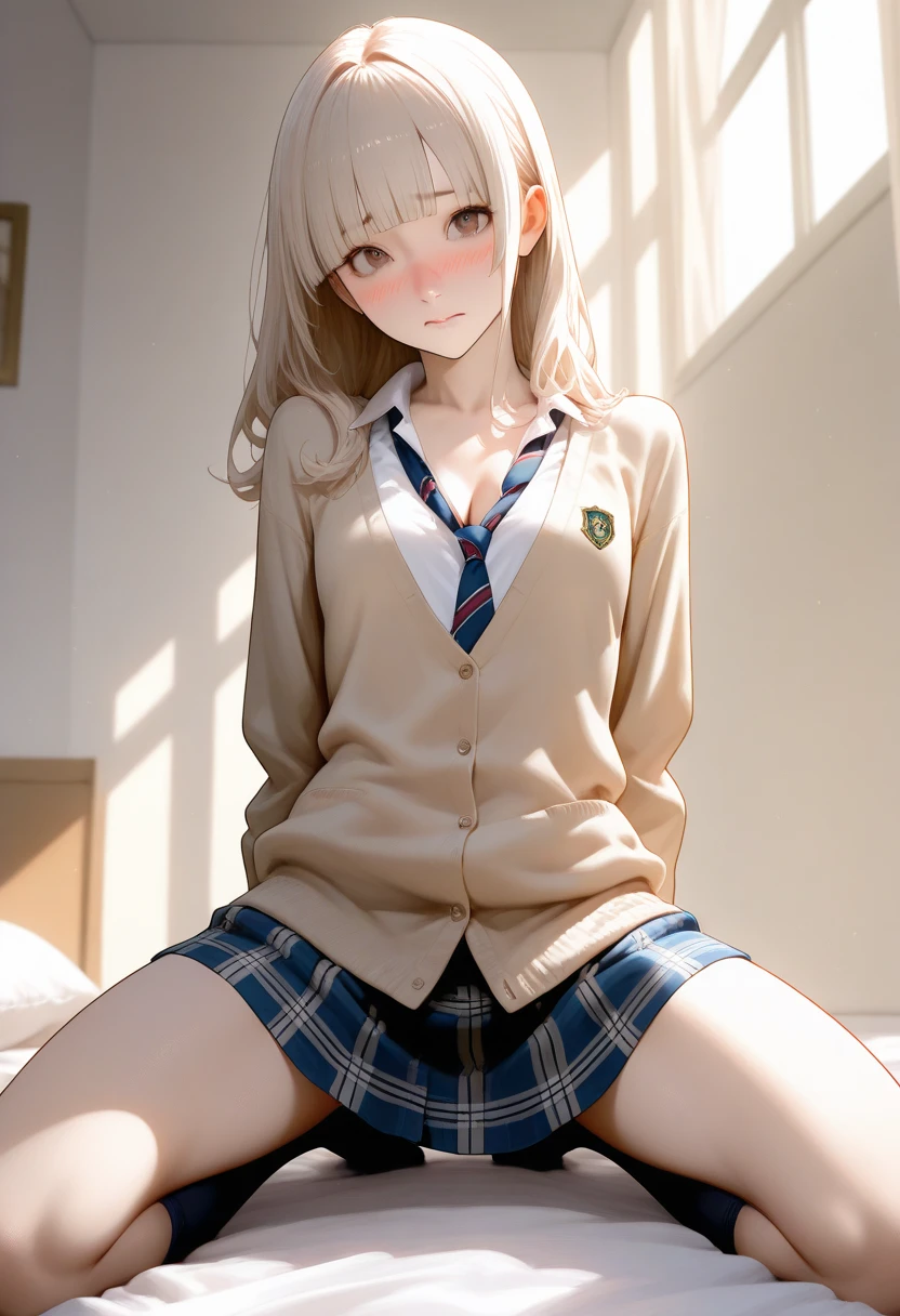 photorealisim, top-quality, 超a high resolution, nsfw, japanese high school  girl, girl in uniform on desk, m-shaped legs, she opened her legs wide, show off your panties, looking at the camera, ((blondehair)), ((pink satin panties)), light blue shirt, dark blue tartan plaid pleated skirt, detailed cute and beautiful face, (pureerosface_v1:0.008), brown-eyed, eye liner, red blush, embarrassed from, glares,  shiny lips: 1.4,  humiliated, impatience, frightened, glares, panty appeal, red blush, is crying, crying, open one's legs, disheveled clothes, dressing, black high knee socks, wearing sweat, sodden,  medium long hair,in the evening classroom,