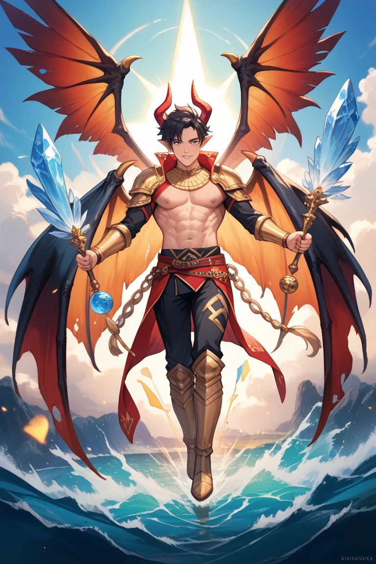 1boy, male, teen, fairy, innocent face, cute face, youthful face, dark skin, brown skin, black skin, red eyes, fiery eyes, fairy wings, red fairy wings, fire wings, short hair, fire hair, orange hair, red hair streaks, fiery hair, hair on fire, thin body, short, sexy, skimpy, loincloth, fire, knight, warlock