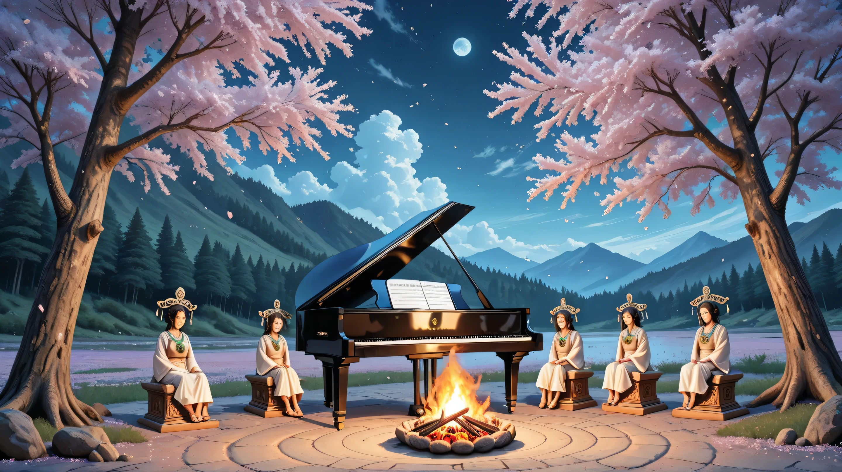 Makoto Shinkai style, A fantastical scene set in ancient Japan during the Jomon period, around 2000 years ago. In a lush, green forest clearing, Jomon people gather for a primitive festival, wearing simple garments made from natural fibers and adorned with shell and bone jewelry. They dance around a large bonfire, surrounded by mysterious clay figurines and cord-marked pottery. In the center, a woman in ancient attire sits gracefully at a grand piano, her fingers moving over the keys as she plays music that captivates the festival-goers. The contrast between the primitive setting—pit dwellings, ritual fires, and ancient tools—and the elegant piano creates a surreal, dreamlike atmosphere. The background features wild cherry blossoms, ancient trees, and distant mountains under a wide, open sky, evoking the spiritual and communal essence of Jomon-era Japan., super wide angle, highest quality, high definition, 8K