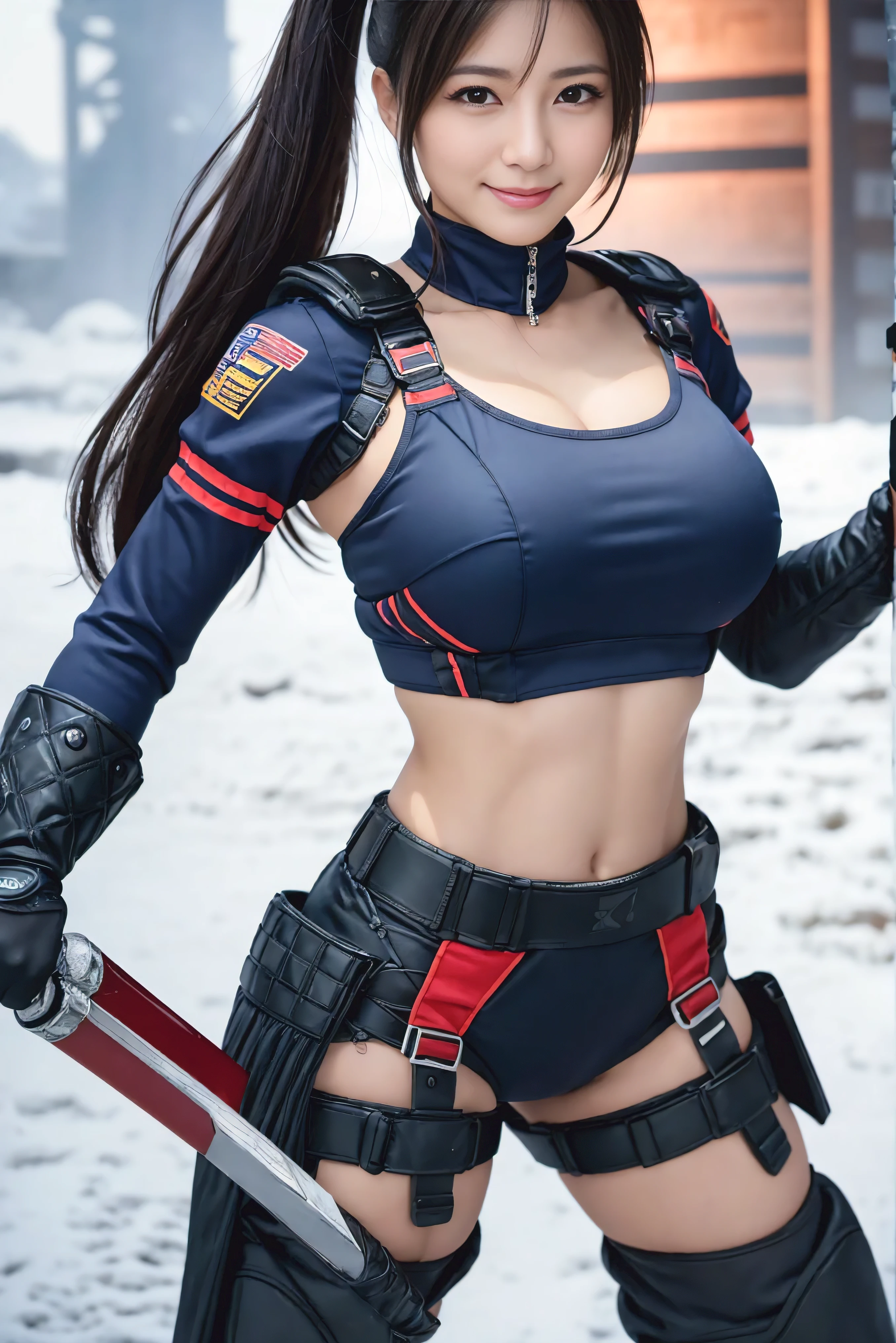 ((highest quality)), (be familiar with), perfect face, Japanese,35yo, smile, Full body Esbian:1.5, big breasts:1.5, Woman warrior:1.5, cheerleading uniform armor:1.5, adventurer, huge sword, huge sword, huge sword, huge gun, Sony FE GM, snow, (naked), pony-tale