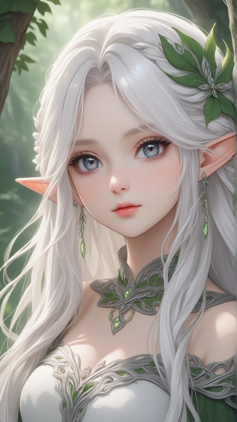 "(((Masterpiece)))), best quality, ultra-detailed details, extremely delicate and beautiful 8k wallpaper, floating, zooming in on the face of a beautiful girl with long white hair, intense green eyes and pale skin."