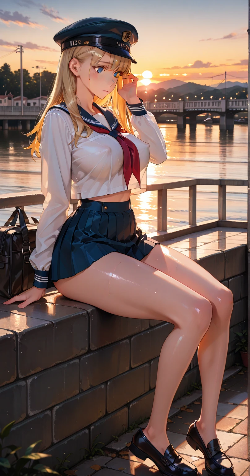 very cute and beautiful girl,(Very detailed美しい顔),Sailor ,(Navy blue pleated mini skirt),
(Skirt Lift,White panties),(smile),blush,View your viewers,Blonde,Large Breasts,
Antique hotel bedroom,Luxury furniture,balcony,Ocean View,
(Highest quality,masterpiece:1.2),Absurd,High resolution,Very detailed,Very detailed,32K,8k resolution,
Intricate details,Movie Scenes,Detailed Background,alone,Dynamic Angle,
Natural light,Hair blowing in the wind,Beautifully detailed skies,
