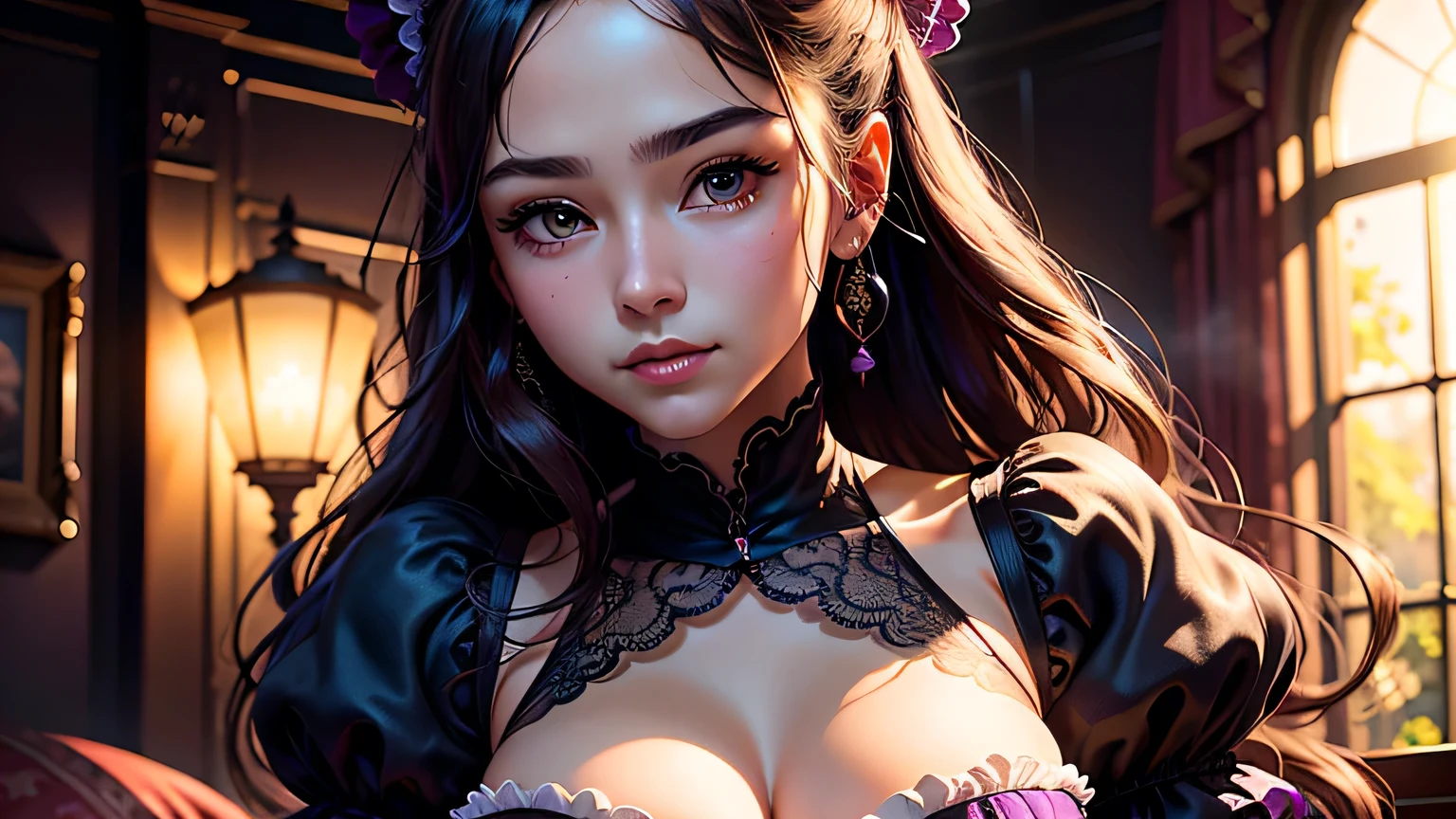 tmasterpiece, best qualtiy, extremely detaile, cinematic lightning, intricately details, A high resolution, offcial art, Fine beautiful face and eyes, high-resolution illustrations, 8k, depth of fields, bokeh, 独奏, 1girl, A girl with black hair and blue eyes, Long black hair, A beautiful Blue eyes, lindo cenario, rainy city, The upper part of the body, looking at viewert, closeup cleavage,Persimmons in hand