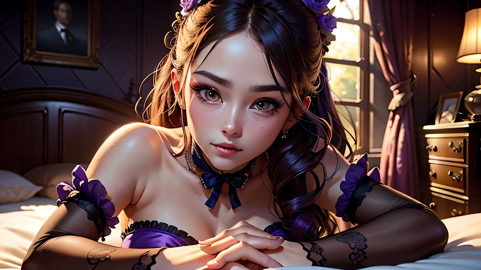 (masterpiece, best quality:1.2), photorealistic, sophisticated, 1 lady, woman, upper body, dark violet frilled chiffon dress, delicate face, detailed eyes, sharp pupils, realistic pupils, facelight, real skin, firm skin, ultra detailed, depth of field, black live stage, bokeh --auto --s2