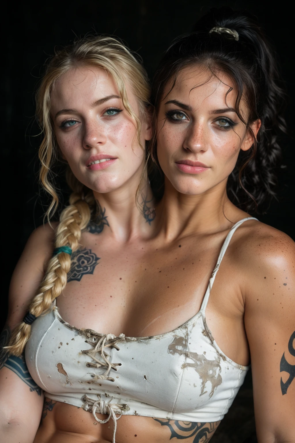 deux femmes de 25 ans, couleurs de cheveux différentes, Nathalie Portman, et Kiera Knightley, calin, s'enlaçant, visage fin, cheveux long, tresses viking, , yeux bleus, tâches de rousseur sur tout le corps, HD, 8K, masterpiece, sourire romantique, visage charmeur, topless, viking tattoo, celtic tattoo, sous la pluie, sexy, guerrière viking, celtic tattoo, viking chest tattoo, dans une hutte viking, allongées su run lit de paille, kissing, carressing vagina, finger in vagina