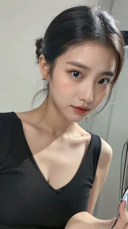 (Best Quality, 8K, 32K, Masterpiece, Ultra HD: 1.2), (K-Pop Idol: 1.3), 1 Girl, (Large: 1.2), Abs, Perfect Figure, Ultra Slender Face, Delicate Lips, Beautiful Eyes Double eyelids , (pony) (Extremely normal body,Half-tied ponytail。(black tank top) ((big bust)) (hands up)