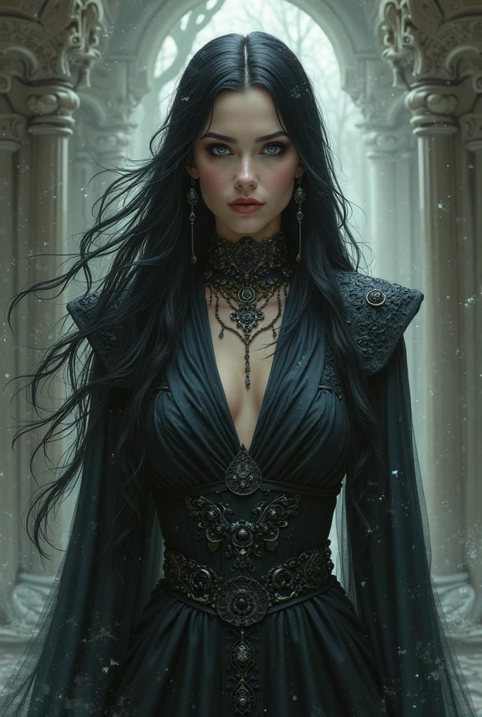 stunning, black long hair, red lips, medieval woman dressed in black, night, assassin, rogue, intricate, masterpiece, 3d art
