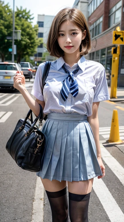 anatomy、Super fine、8k、muste piece、(RAW photo:1.4)、High resolution、((Composition away from the subject))、((Full body photo from face to ankles))、detailed skin、glowing skin、baby face、small face、smile、open your mouth、facing the front、Stand with your feet together、stand up with good posture、Residential area in the morning、realistic、14 year old girl、、bus stop、I was waiting alone、Hang your school bag on your shoulder、、slender and delicate body、small breasts、Blazer Uniform、girls school uniform、plaid skirt、healthy、young female teenager、black tights、black tights、black knee high socks、茶色のloafers革靴、loafers、full body shot、Neat and clean hairstyle、Emphasizes the very slender leg line