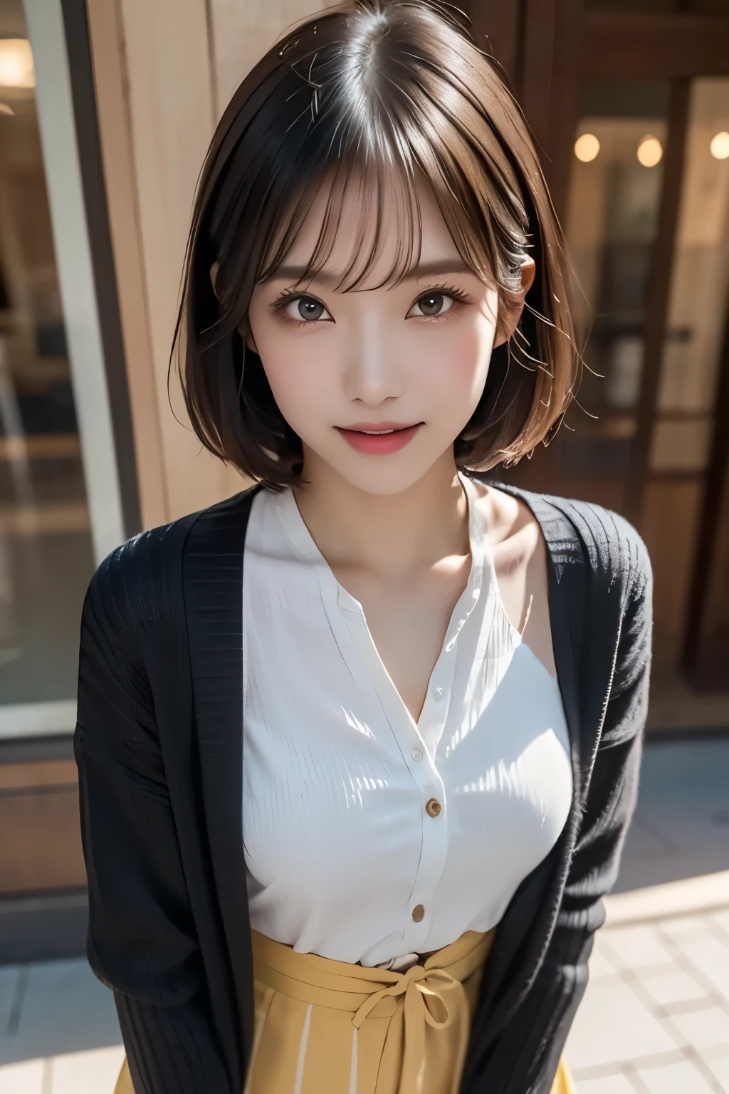 ((masterpiece)), ((Highest quality)), ((Complex)), ((Surreal)), (Realistic), (Mature Woman), ((There are no classes)), Very detailed, (1 female), Beautiful and exquisite, (Beautiful Teeth), Grin, Brunette Bob Hair, Brown eyes, ((blouse)), (Upper Body), (background:none), Perfect Eyes, Captivating eyes, Looking at the audience