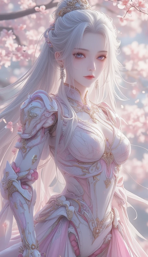 (Best Quality), ((Masterpiece), (Detail: 1.4), 3D, A Beautiful Cyberpunk Woman, HDR (High Dynamic Range), Ray Tracing, NVIDIA RTX, Super-Resolution, Unreal 5, Subsurface Scattering, PBR Textures, Post-Processing, Anisotropic Filtering, Depth of Field, Maximum Sharpness and Clarity, Multi-layer Textures, Albedo and Highlight Maps, Surface Shading, Accurate simulation of light-material interactions, perfect proportions, Octane Render, two-color light, large aperture, low ISO, white balance, rule of thirds, 8K RAW, realistic, (dignified fluff, perfect proportions, bright eyes, light makeup, big black eyes, pink and moist lips), white hair, big black eyes, cold storage, sharp eyes, flowers, (masterpiece, realistic, high resolution), ((1 girl): 1.2), unware ((white wavy long hair): 1.3), (business suit, office documents, sitting at desk, playing with mobile phone), ((big breasts): 1.5, thin waist: 1.2, strangled thighs: 1.3, fair and moist skin)