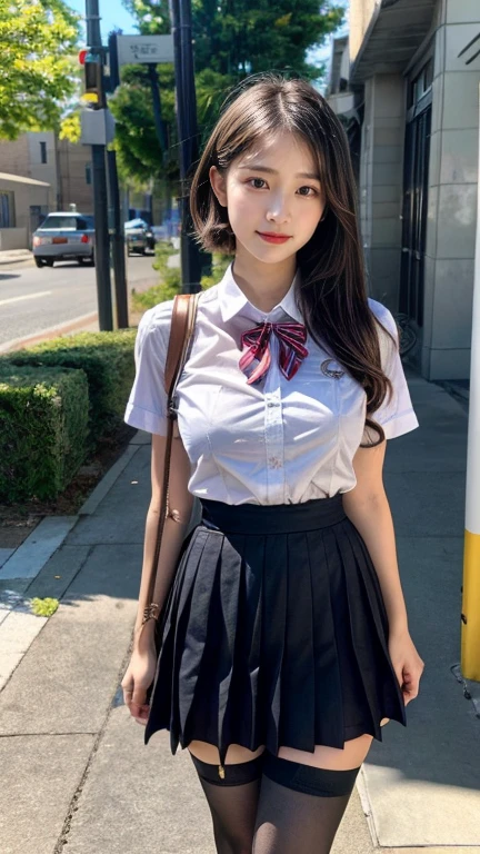 close-up of beautiful korean female, 34 inch breasts size, wearing kindergarten teacher uniform, in front of the kindergarten school gate, UHD
