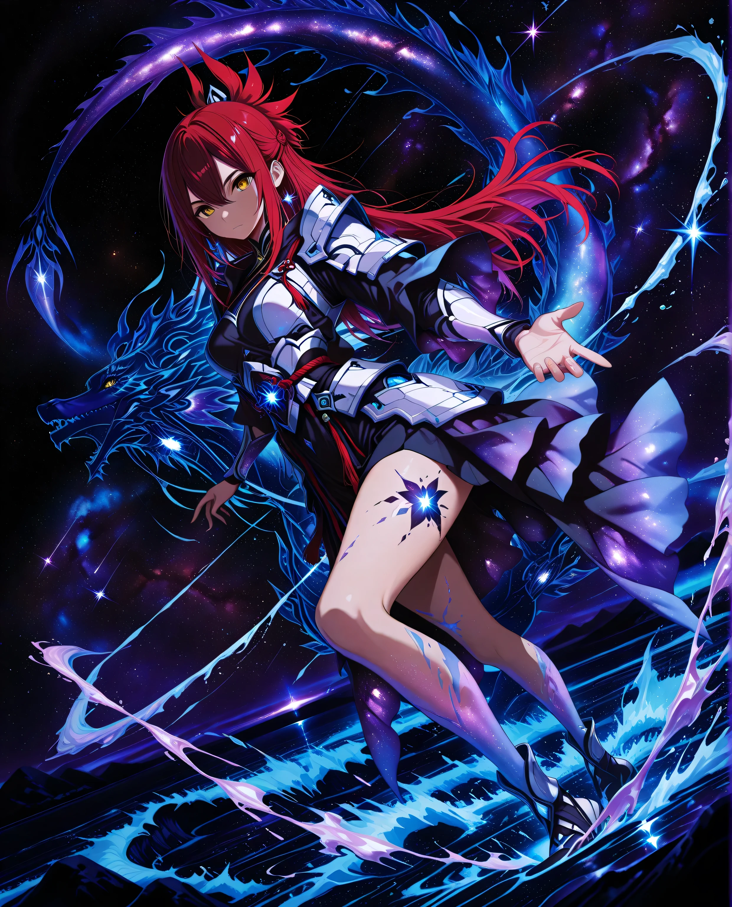 A fierce young maiden fused with the legendary Yamata no Orochi, standing over a raging ocean. Eight serpentine water streams swirl around her, each glowing with energy. She commands the waves, water columns rise like dragons into the sky. Her hair flows like kelp, and her ornate outfit is inspired by sea shells and ancient armor, cinematic lighting, high-action pose, splash effects, mythological fantasy style, detailed textures, 1 girl , golden eyes , very long hair , long sidelocks, red hair ,half updo, petite , very cute , beautiful ,Straight hair, cool, handsome, hair between eyes, sexy, medium breasts, full body

dream galaxy, star, galaxy (theme), surreal, dreamcore, blue lineart, galaxy elements, aesthetic, soft colors, pastel colors, colored lineart, ((blue tones: 1.2)), ((purple tones: 1.2)), glitter effect, fantasy style, traditional japanese art, fighting stance,traditional japanese art, fighting stance ,((correct_anatomy)), (((dynamic pose))), (((dynamic angle))), 