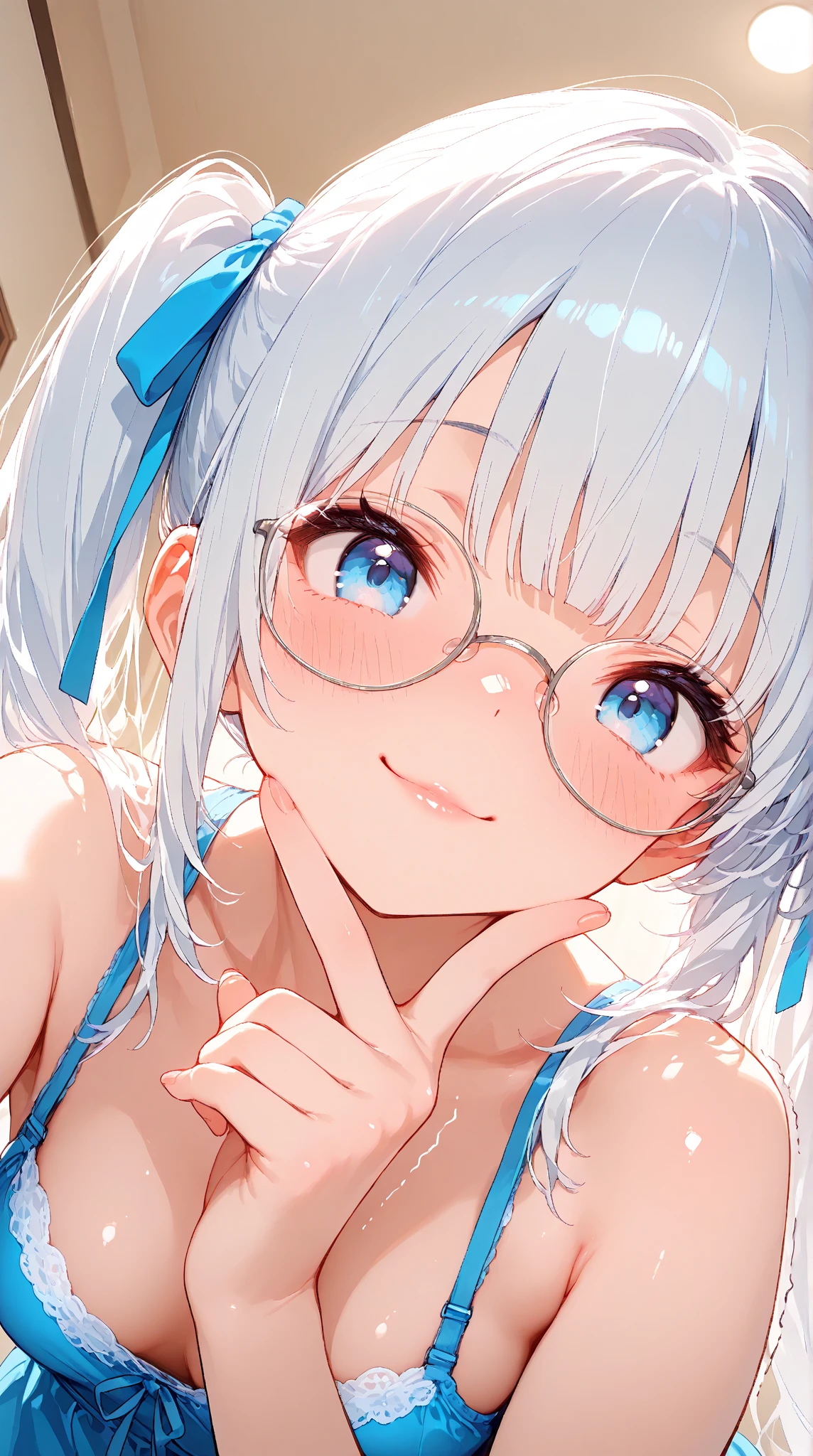 highest quality、Realistic、woman、Japanese、zoom、cute、Ocean、Cobalt blue eyes、Grey Hair、Long twin tails、Swimwear、Face close-up、thin、Small breasts、smile、Glasses