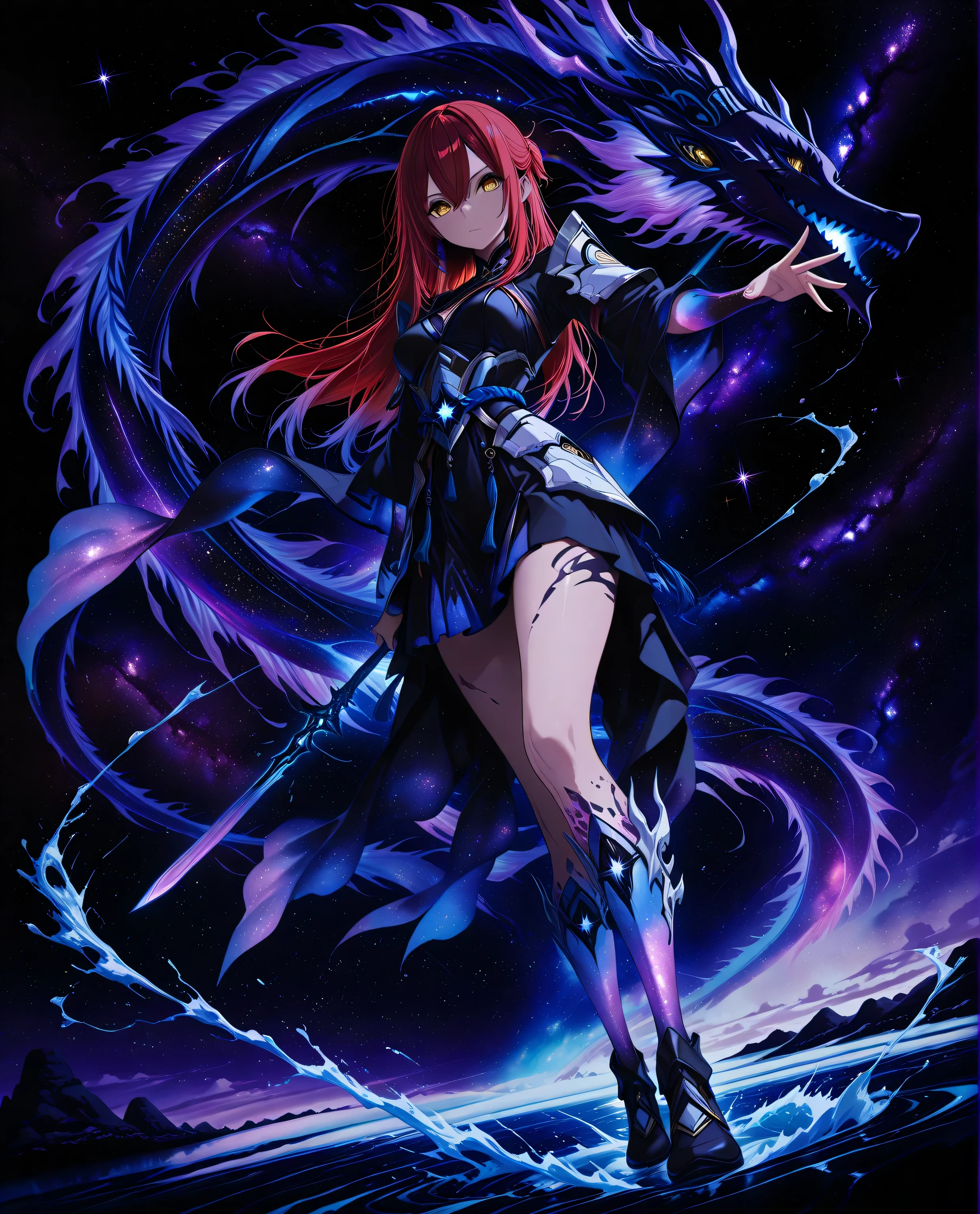 A fierce young maiden fused with the legendary Yamata no Orochi, standing over a raging ocean. Eight serpentine water streams swirl around her, each glowing with energy. She commands the waves, water columns rise like dragons into the sky. Her hair flows like kelp, and her ornate outfit is inspired by sea shells and ancient armor, cinematic lighting, high-action pose, splash effects, mythological fantasy style, detailed textures, 1 girl , golden eyes , very long hair , long sidelocks, red hair ,half updo, petite , very cute , beautiful ,Straight hair, cool, handsome, hair between eyes, sexy, medium breasts, full body

dream galaxy, star, galaxy (theme), surreal, dreamcore, blue lineart, galaxy elements, aesthetic, soft colors, pastel colors, colored lineart, ((blue tones: 1.2)), ((purple tones: 1.2)), glitter effect, fantasy style, traditional japanese art, fighting stance,traditional japanese art, fighting stance ,((correct_anatomy)), (((dynamic pose))), (((dynamic angle))), 