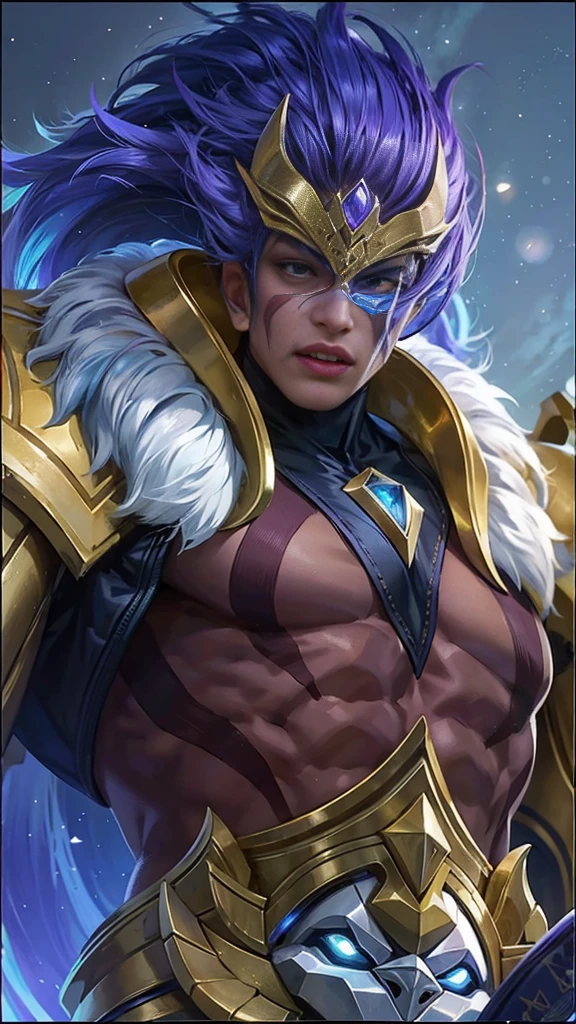 a close up portrait of a man with purple hair, wearing a gold armor, detailed facial features, realistic, hyper detailed, 8K, cinematic lighting, dramatic, photorealistic, award winning digital art, intricate details, sharp focus, masterpiece, high resolution, vibrant colors, chiaroscuro lighting, moody atmosphere, dramatic composition