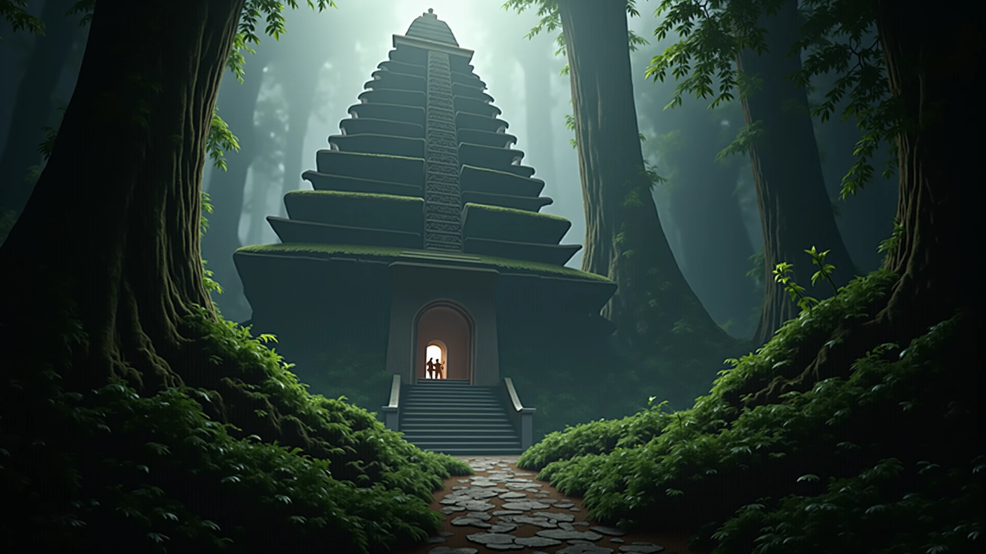 Doraemon stands in front of an ancient temple hidden deep in the forest., covered with vines and moss. Temple doors carved with ancient symbols, looks mysterious and challenging. The faint light from outside shone into the temple., create a mysterious space.straight angle