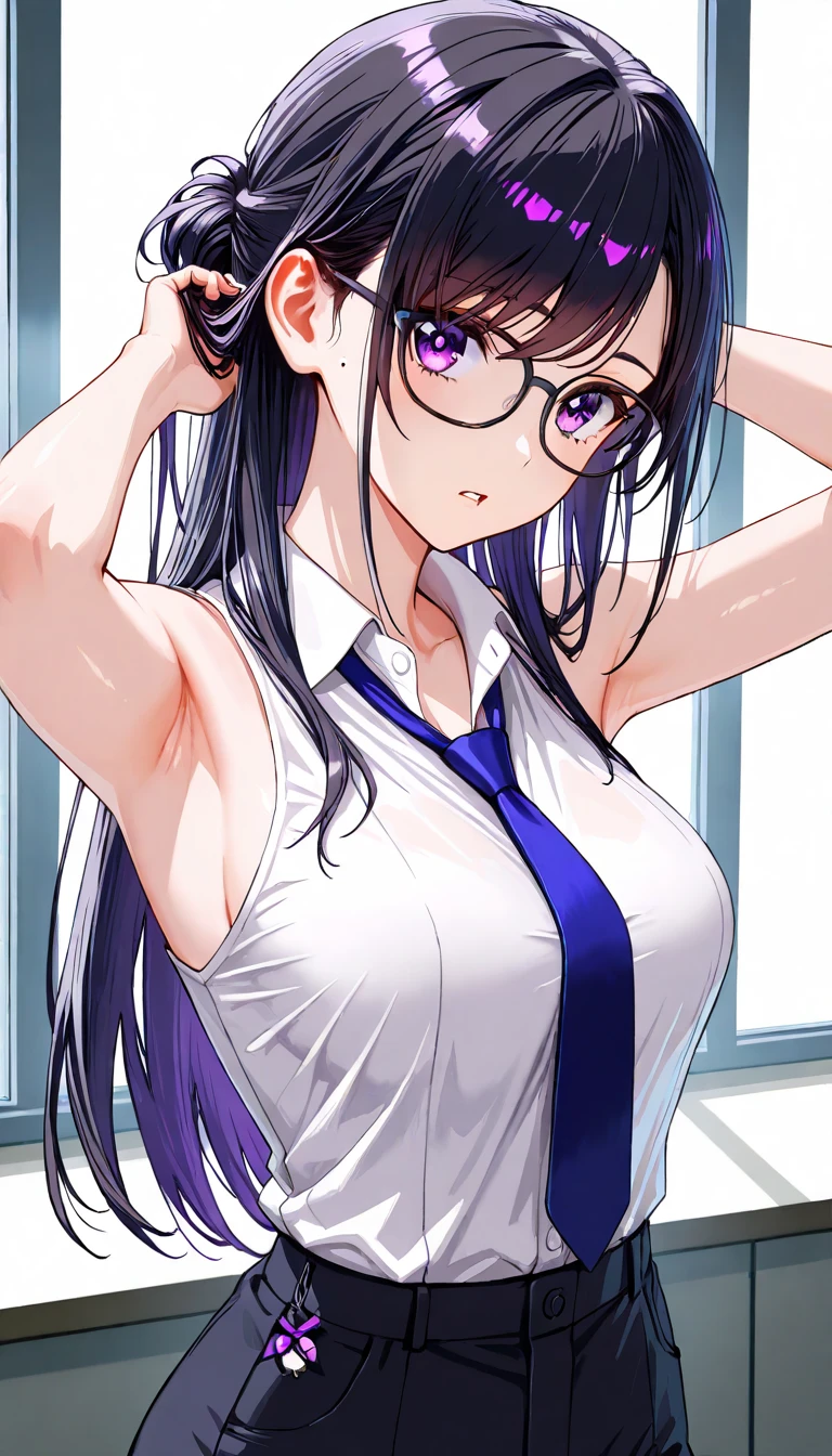 Upper body with concentration, 1 girl, Akeno Himejima, white shirt, black skirt, Big Bust, Sparkling purple eyes, (((academic background))), Colorful Beautiful Girl: long black hair in a ponytail, Perfect face with soft skin and nice perfect face, intricate details, splash screen, 8K resolution, masterpiece, Art Station Digital Painting Smooth, 8K resolution photorealistic masterpiece, professional photography, Natural light, Volumetric lighting maximalist photo illustration: By Merton Bobzart