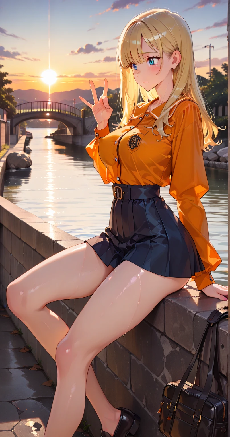 masterpiece, best quality, ultra-detailed, glistening shiny, glowing light, ray tracing, HDR, deph of field, (perfect face, detailed face, detailed eyes,perfect hands,perfect fingers),(medium boobs:1.2),8k,HD,ultra realistic face,ray tracing,perfect lighting,best quality, ultra-detailed, shiny eyes, (looking at viewer,open mouth smile:1.1), ((1girl)), (mature female:1.4),cowboy shot,thicc,(ass, from behind, ass focus,bent foward),
(heterochromia:1.6),(((right_eye(orange):1.4,left_eye(blue):1.4))):1.9,(twintails),streaked_hair,((orange gradient hair)),multicolored eyes, gradient eyes, (glowing eyes:1.5), mascara, (fashion make up), parted lips,blush,school uniform, skirt, coat, beret, scarf, skirt lift by wind,panties,cameltoe,all fours,
((middle of japanese countryside,japanese bridge,over the bridge,river,cherry trees,cherry petals,dark blue sky)),((super detailed background)), dynamic poses, ((8k wallpaper))