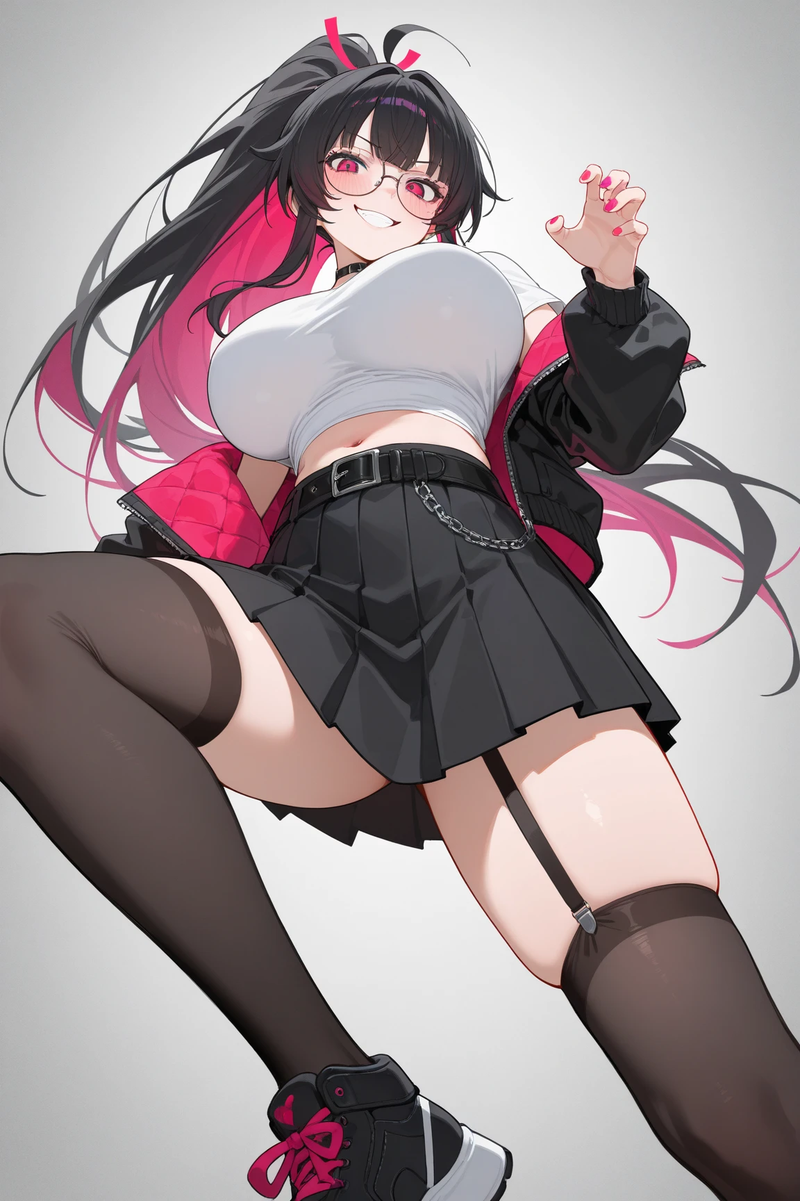 best quality, (masterpiece),(ultra-detailed), (high quality), (high resolution), 1girl, Evil nimu, black pantyhose, grey background, black jacket, two-tone hair, black choker, black shirt, navel, plaid, virtual youtuber, red hair, shirt, pleated skirt, jacket, zipper, skirt, standing, full body, ahoge, long hair, hair between eyes, multicolored hair,, looking at viewer, jewelry, simple background, black eyes, 1girl, solo, belt, colored inner hair, miniskirt, black hair, boots, cow print bikini, spread legs
