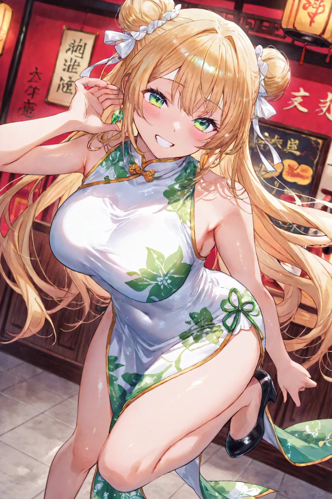Satono Diamond\(umamusume\), highest quality、masterpiece、Ultra-high resolution、Anime 2D Rendering, Realistic young anime woman, (Character Focus、breast focus)、 Beautiful body, Beautiful thighs, Beautiful feet, White beautiful skin、 ((Green Chinese Dress:1.4)、(garter belt、Black knee-high stockings)、(Black high heels))、 smile、Cowboy Shot