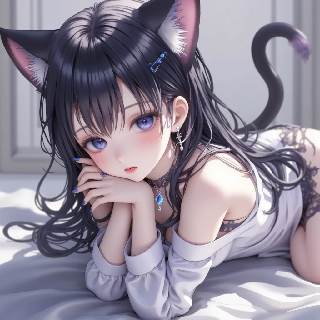 highest quality、Super resolution video、8K、Delicate depiction、1Cat-eared girl、Oversized camisole、Panties、The hairstyle and hair color change randomly.、Sexy pose、Small breasts(:1.6)、Estrus、