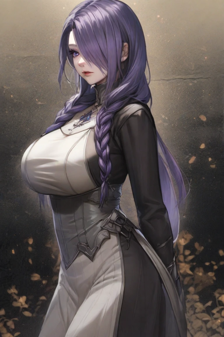 Masterpiece, caera, 1girl, solo, long hair, looking at viewer, large breasts, shirt, black hair, red eyes, gloves, long sleeves, holding, cleavage, hair between eyes, closed mouth, blue hair, standing, white shirt, weapon, purple hair, cowboy shot, parted lips, horns, black gloves, belt, pants, indoors, armor, clothing cutout, thigh strap, black pants, cleavage cutout, plant, shoulder armor, black belt,