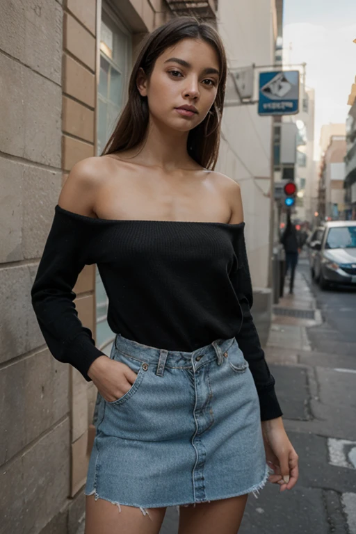 cheveux chatain clair ondulé , les yeux verts, visage carré, coiffée naturellement, jeune adulte. joli corps, corps parfait, belle jeune fille adulte, short en cuir sexy, Tenue de mode londonienne vue panoramique, super haute définition, tir parfait, pose parfaite, Canon 5D Mark 4