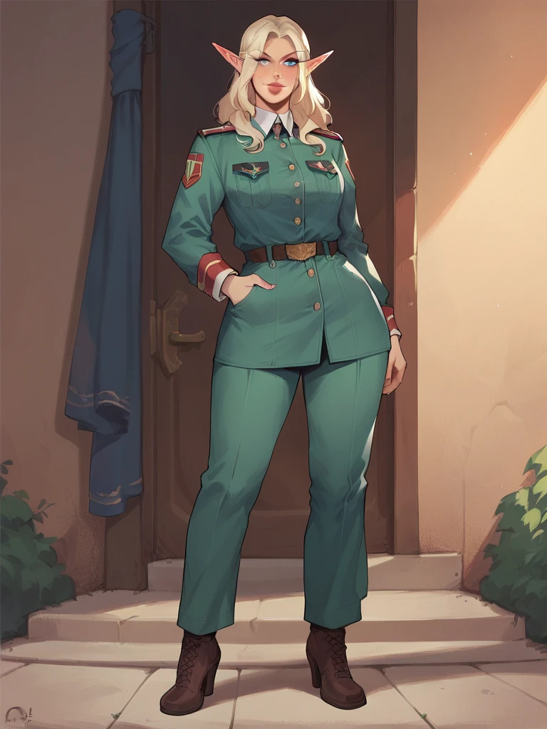 masterpiece, best quality, absurdres, high resolution, extremely detailed, 1girl, solo, completely nude, mature female, milf, large breasts, long wavy blonde hair, blue eyes, smile, naughty face, full-face blush, <lora:oyari_ashito_v0.1a:1>,<lora:redcoat:0.4>, red beret, military uniform, boots, ww1era,khaki uniform,necktie, belt,