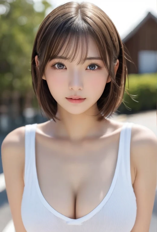 (logo, masterpiece, 8K, Tabletop, RAW Photos, wonderful, 最high quality, Photorealistic and very detailed CG composite 8k wallpaper, high quality, Very detailed, Narrative poem, Particle Effects, Dynamic Effects, Depth of the Boundary, Cinematic Light, Lens flare, Ray Tracing), short hair beautiful young woman, Hair tied back, high detail skin, very fine, fine skin texture, beautiful face, realistic eyes, beautifully detailed eyes, realistic skin, beautiful skin, surreal, smiling eyes, Hair and light eyes, Vibrant, Colorful lights and bokeh. The lighting casts a warm glow on her face and hair, Blue glow, Water surface reflection, Creates a dreamy and magical atmosphere, Big Breasts, Brown Hair, short hair, plump lower lip, pink blush on the cheeks , pink lips, brown tight no-shoulder knit sweater