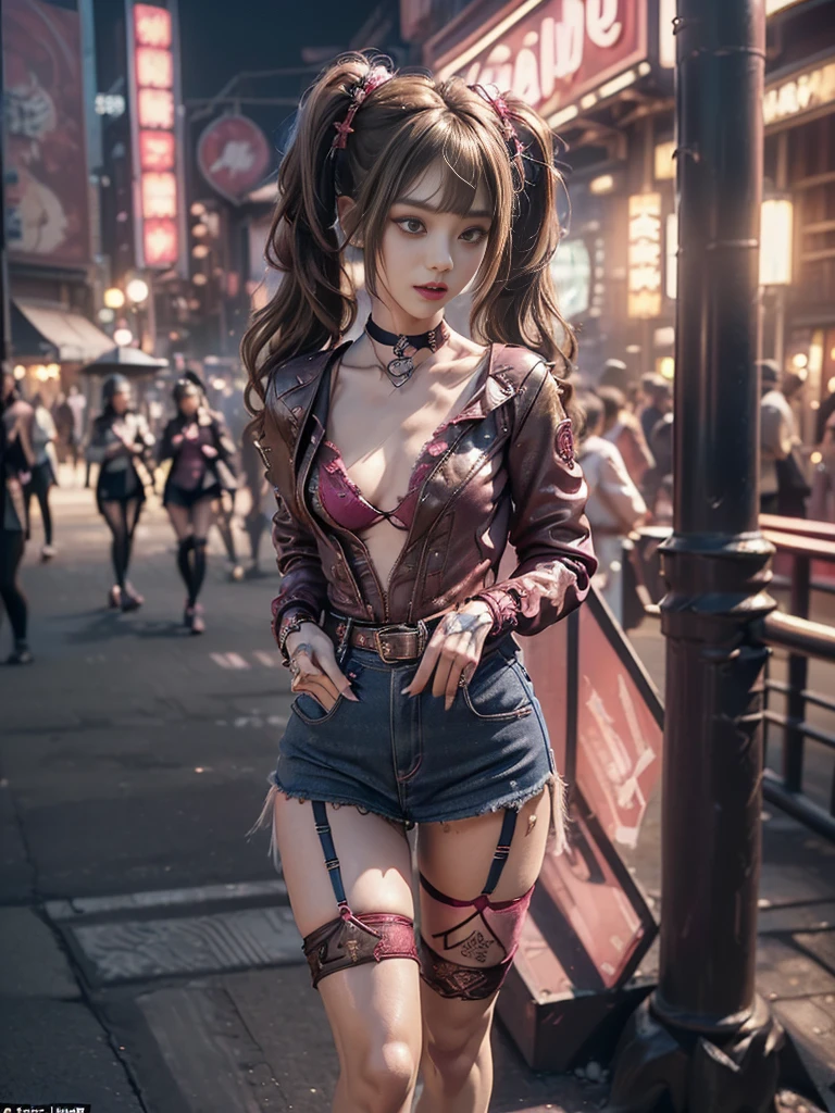 (Full Body View:1.2)、(Smiling with teeth showing:1.3),(Shibuya Gal:1.5)、(Beautiful:1.4)、(Neo-Goth Fashion:1.5)、(Punk RockVisual Kei:1.3)、(Futuristic red, magenta, denim and navy blue bodysuit:1.5)、(Delicate red and magenta cardigan:1.5)、(Gorgeous decorated corset:1.4)、(Navy garter belt:1.5)、(Red and magenta cargo pants:1.3)、(Heart-shaped silver accessories:1.5)、(Brown Skin Belt:1.4)、(Red high heels:1.4)、(Lace underwear:1.4)、20-year-old、Browsing Caution,((Highest quality、In 8K、masterpiece:1.3))、Sharp focus:1.2、(Layered Cut、Huge breasts:1.1),Beautiful woman with perfect figure:1.4、(Dance vigorously:1.3)、Slim Abs:1.2、Butt、Highly detailed face and skin texture、Fine grain、double eyelid,(Twin tails:1.3)、(Brown blonde:1.3)、Obscene、Idol Sculpture、(In the background is a gorgeous medieval metropolis on a sunny day:1.3)、(Slimming your legs:1.4)、(The body is slim:1.3)、(clavicle:1.1)
