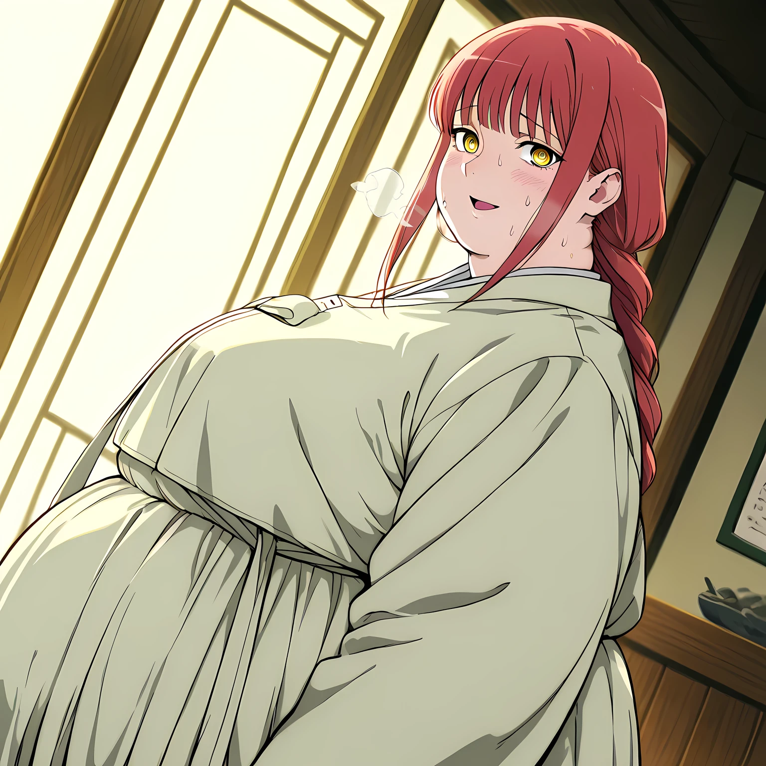 score_9, score_8_up, score_7_up, source_anime, makima, makima, long hair, smile, bangs, yellow eyes, braid, red hair, braided ponytail, ringed eyes,, hanbok, korean clothes,, indoors, smile, blush,, cowboy shot, dutch angle, looking at viewer, bulging belly, fat, chubby, obese, open mouth, out of breath, absurdres, nervous sweating, portrait, straight-on, from side, swollen face, masterpiece, best quality, ultra-detailed, high resolution, 8K,