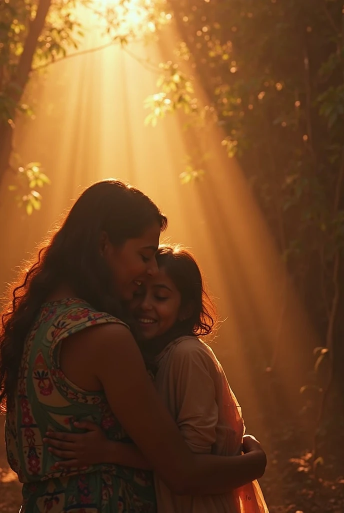 

In a secluded area of the forest hills, two Indian girls share a tender kiss. The scene is serene, with sunlight filtering through the leaves, casting a soft glow on them. The girls stand close, lost in the moment, surrounded by the lush greenery and the sounds of nature.