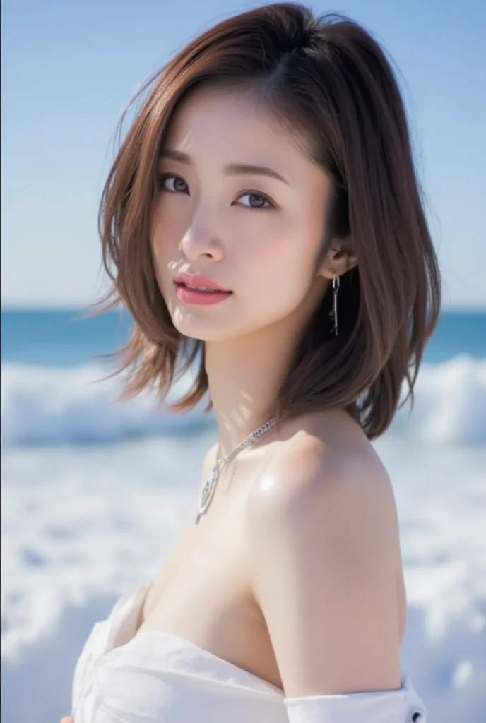 Japan Beauty,High Teenager,frontal photos,Navel Ejection,Light pink short sleeve blouse with small breasts,White super mini skirt,Clean thighs,Straight in front photo,a little bit smile,lean body,small bust,small tits,Small bust,Small breasts,big breasts thin waist,Larger hips,Beautiful tight thighs,White sandals,Bob cut hair,a little brown hair,elongated facial contour,a little bit smile,Sharp cheeks,Round chin,neat nose,Looking at the camera,skinny cheeks,Round chin,Slender eyes,Beautiful eyes,Dark brown eyes,Sandy beach in the background,Blue sea on background