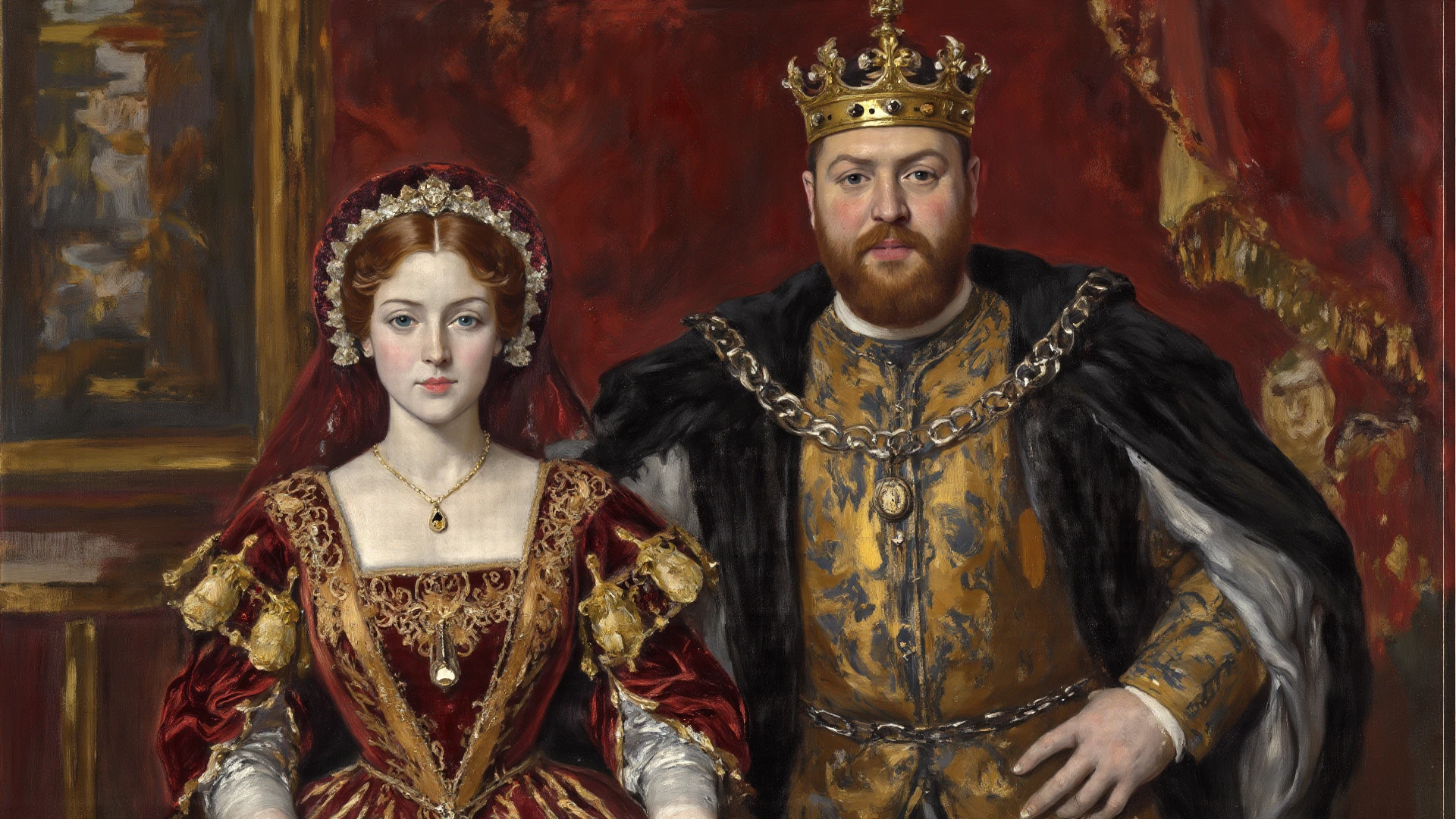family portrait in medieval style - in the middle sits in a chair a plump king, and around him 2 woman