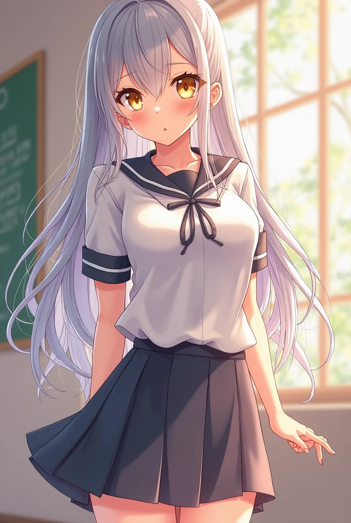 absurdrez, work of art, best qualityer, realisitic, 超detailded, (shining skin, sweaty:1.4), 苗条, gazing at viewer, 1 girl, standing alone, tennis wear, white polo shirt, White sneakers, white miniskirt, long hair, silver hair, blue colored eyes, (thick-thighs:0.5), dynamic lighting, high resolution, sharp focus, Depth of field, breasts small