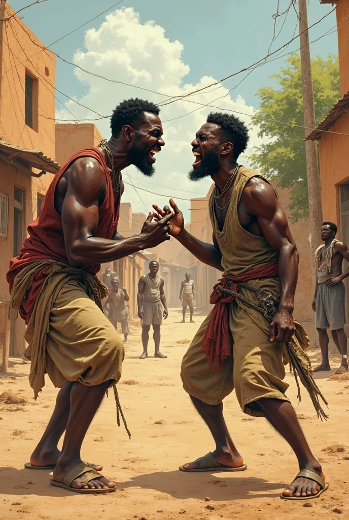 Painting of two african warriors in an argument in the woods.