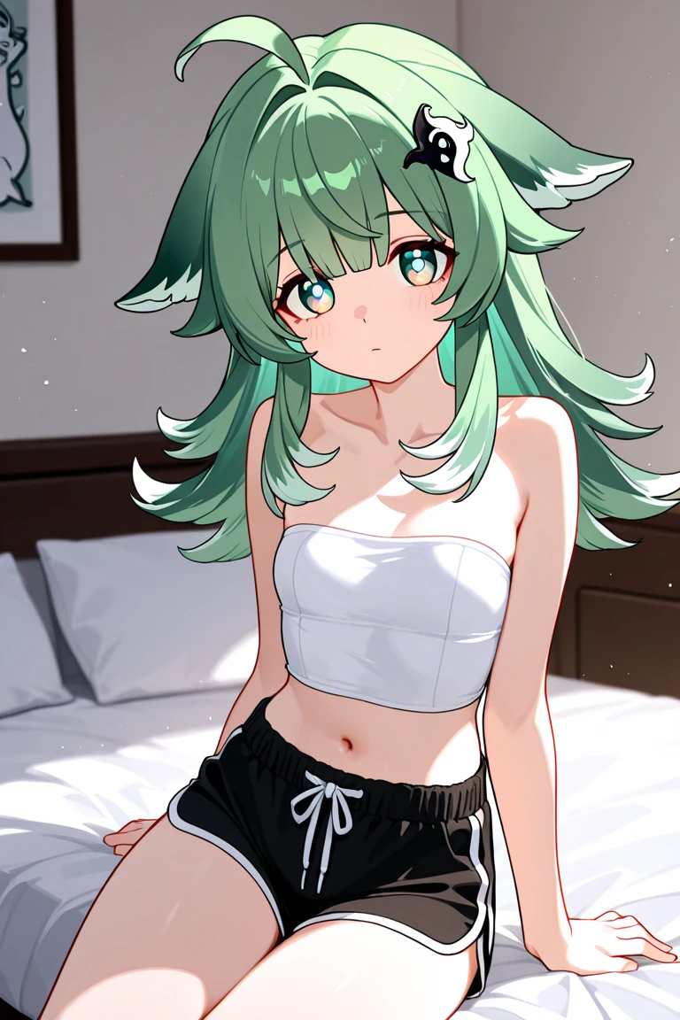 highelfarcher, high elf archer, elf, Green hair, long hair, pointy ears, elf, (Beach_background:1.4), break (masterpiece:1.2), best quality, high resolution, unity 8k wallpaper, (illustration:0.8), perfect lighting, Highly detailed CG, (sexy:1.4),alone, 1 woman ,(Black color_gym_shorts:1.5), (White_tee shirt:1.3) , ,cowboy shot , (bedroom:1.3), (on bed) , (inside:1.2) , seat , looking at viewer , White_bed