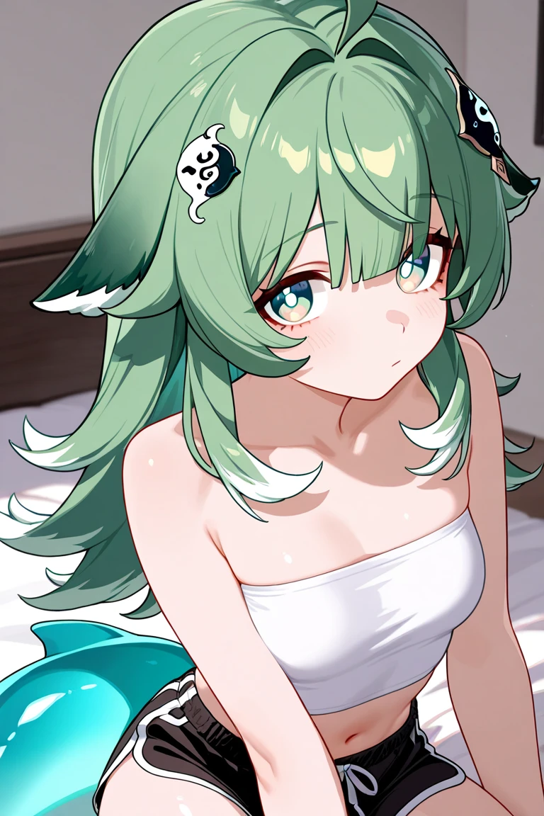 ((A Pretty girl with green hair and blue eyes lying on the bed)), ((wearing white bikini)), ((cat ears and cat tail)), ((heart sign)), Baby face, ((master piece, top-quality, ultra-definition, high resolution)), anime girl, ((ultra-detailed illust:1.2)), only one person, bangs, hair between eye, beautiful hair, Shiny eyes, Medium breasts, thighs, Big smile, opened mouth, in the bedroom