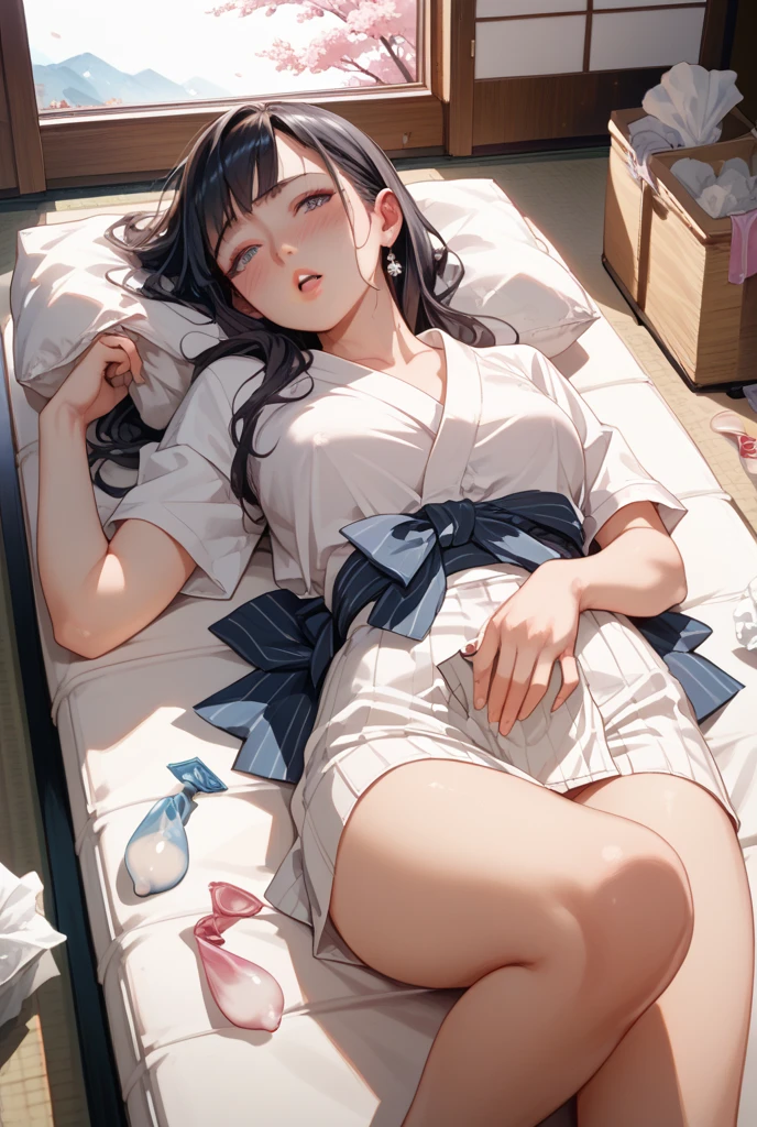 ((Masterpiece, top quality, high resolution, highly detailed CG unified 8K wallpaper)), ((Girl eating donut in bed, lying in pajamas on white sheets:1.3)), smiling with joy, mouth wide open, big butt, view from behind, view from below, colorful wallpaper,