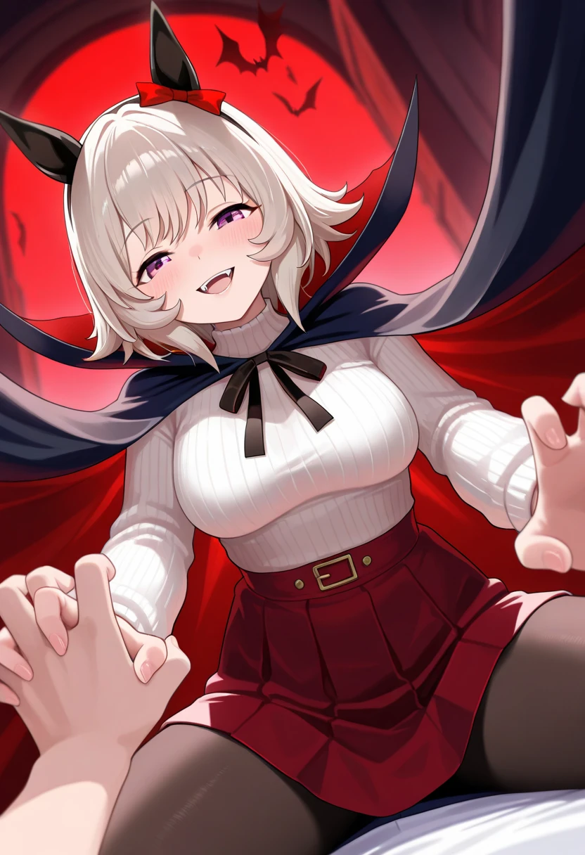 highest quality、4k、masterpiece、Silver Hair、Slanted Eyes、Pink Eyes、Pale skin、vampire、Black long sleeve knitted outfit、Ruby Necklace、Big Breasts、Short skirt、Knee-high boots、sexy、Sharp Fangurderous Intent、Insanity、cruel、attack、darkness、Ahegao、Red nails、Bad Smile、Red full moon