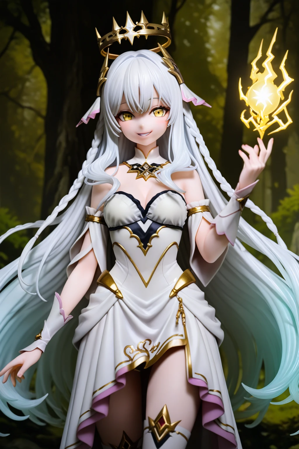 Lovecraftian goddess, white medium hair, beautiful white eyes, mysterious smile, ancient pure white and white robe, arms wide open drawing ancient symbols, from back, looking afar, average chest size, upper body, pure white background
