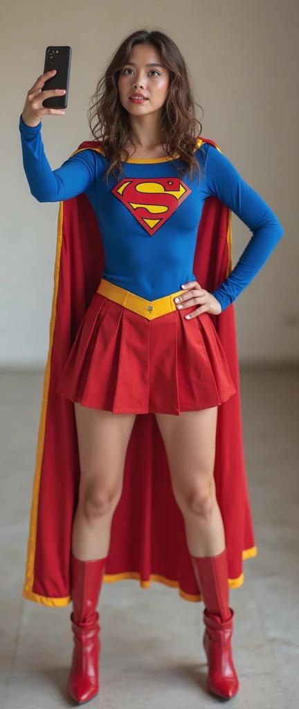 A FULL BODY VIEW OF A SEXY HYPER BUSTY FEMALE WITH (GIGANTIC BREASTS:9.8) DREAMY BLUE EYES AND MEDIUM MESSY GOLDEN BLONDE HAIR WEARING A CLASSIC WHITE LONG-SLEEVED CROP=TOP SUPERGIRL COSTUME, A SHORT BLUE PLEATED SKIRT WITH A YELLOW SUPERGIRL BELT, RED HIGH HEELED SUPERGIRL BOOTS, AND SHORT RED SUPERGIRL CAPE WITH YELLOW TRIM. INCREDIBLY DETAILED SKIN, INCREDIBLEY DETAILED FACE, INCREDIDBLEY DETAILED CLOTHING, TEXTURED SKIN PORES, TEXTURED HAIR, 8K ABSURD RESOLUTION, MASTERPIECE. PHOTO REALSITIC, HYPER REALISTIC. EXOTIC BACKGROUND.