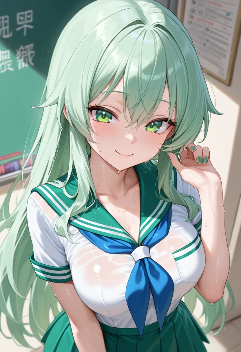 Long silver hair, green eyes, headband, necklace, lab coat, flat chest, black bikini, beautiful thighs, smile, happy, inside house